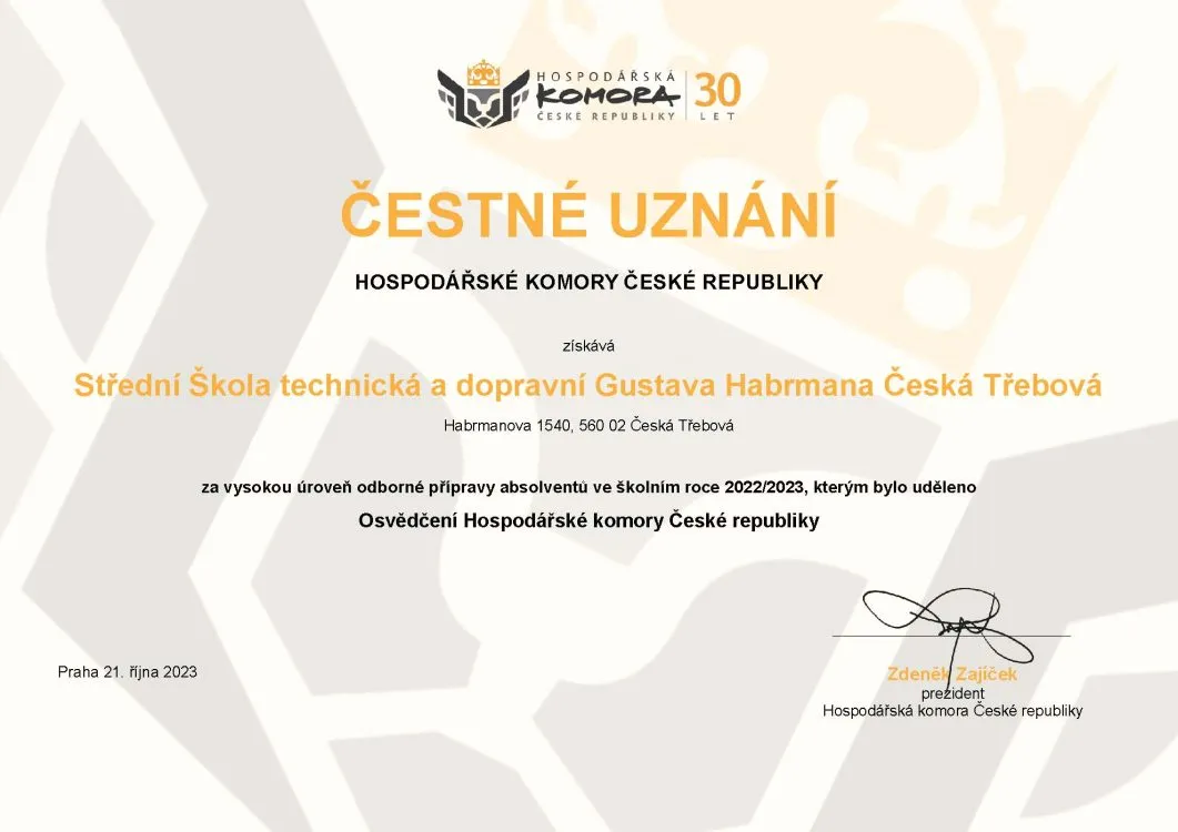 SŠTD Česká Třebová získala ocenění Hospodářské komory ČR