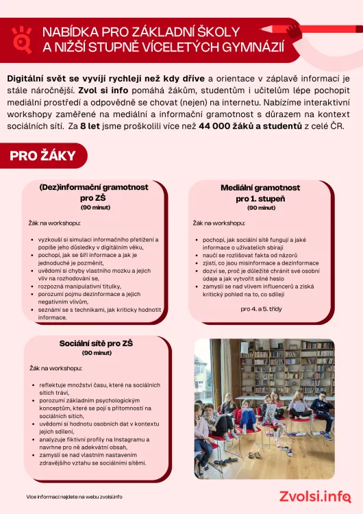 Zvol si info – pro ZŠ a&nbsp;SŠ – praktické workshopy zaměřené na mediální gramotnost a&nbsp;kritické myšlení