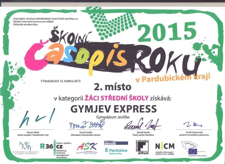 Gymnázium Jevíčko – Úspěch časopisu GYMJEV EXPRESS