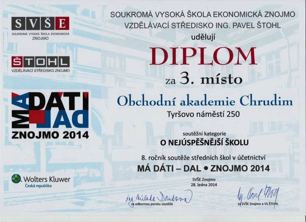 Studentky Obchodní akademie Chrudim uspěly v&nbsp;celostátní soutěži v&nbsp;účetnictví